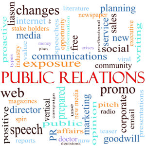 An illustration around the words Public Relations with lots of different terms such as communications, web, community, social, viral, media and a lot more.