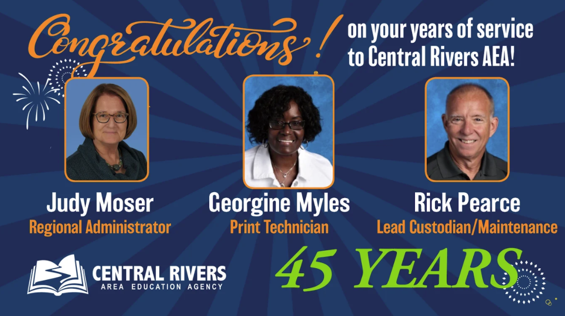 Graphic of staff members who have served Central Rivers AEA for 45 years including Judy Moser, Georgine Myles, and Rick Pearce