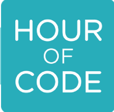Hour of Code graphic; light teal with white letters