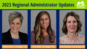 Following Dr. Beverly Plagge’s (Regional Administrator, Region 1) announcement of her retirement effective June 30, the agency welcome’s Melissa Hesner, Brena Huber and Dana Harskamp to new roles!