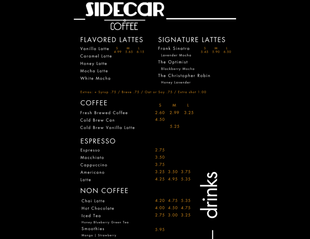 Sidecar Coffee menu
