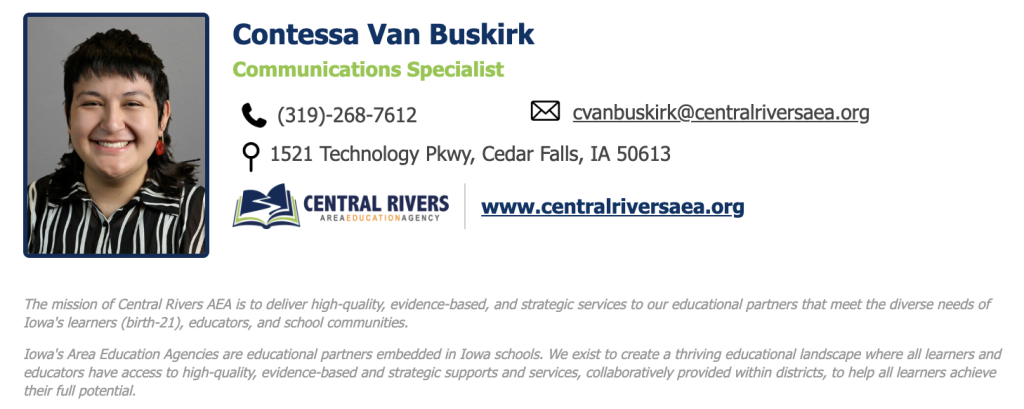 New email signature for Central Rivers AEA staff Google accounts.
